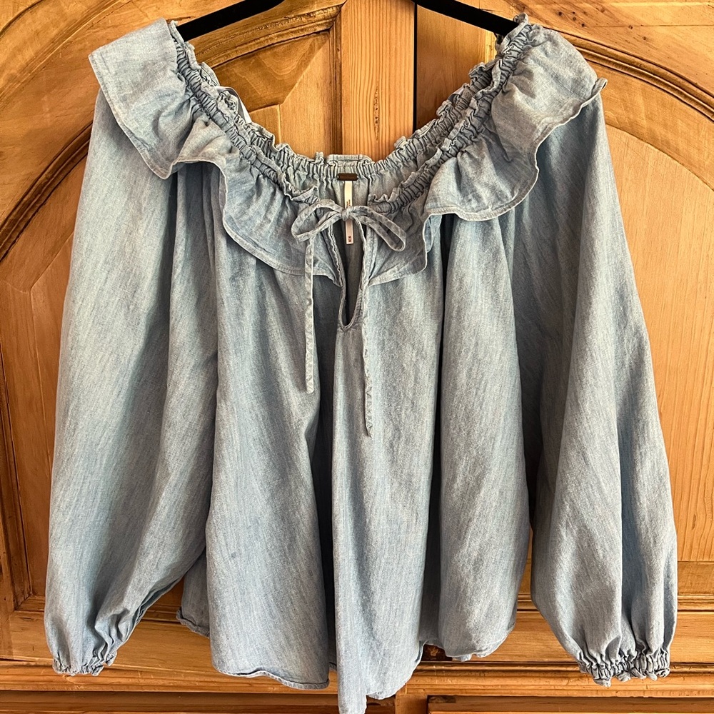 Free People Chambray Denim Ruffle Long Sleeve Blouse size M